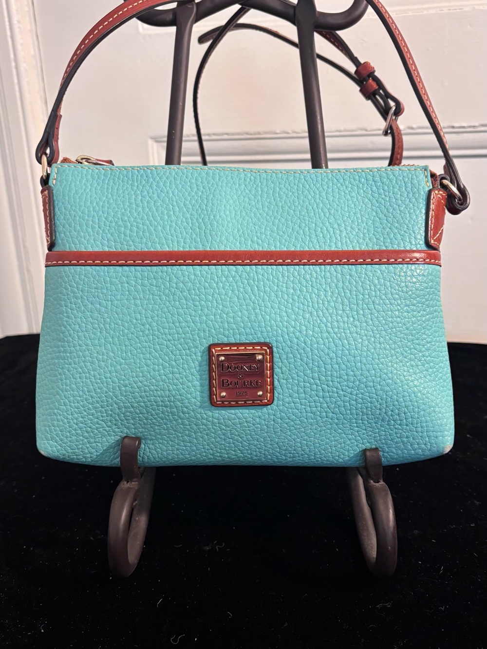 Dooney & Bourke Aqua Pebbled Leather Crossbody with Tan Trim - Picture 9 of 11